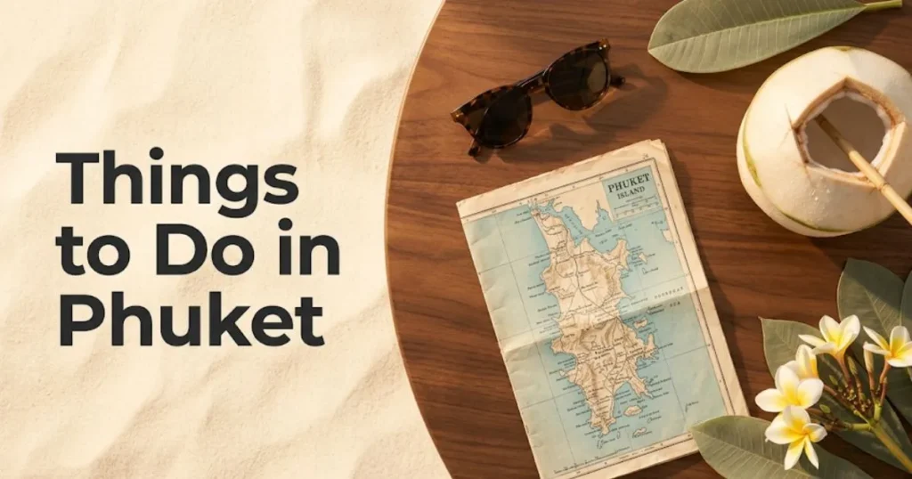 Overhead travel flat-lay with Things to Do in Phuket title text and tropical planning objects on sand background.