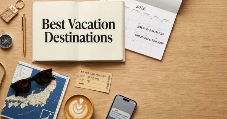 Overhead travel planning flat lay with the text Best Vacation Destinations in a notebook, with maps and 2026 calendar.