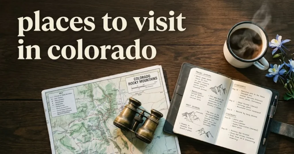 Overhead view of a Colorado travel planning concept with a map, binoculars, and the title places to visit in colorado in bold text.