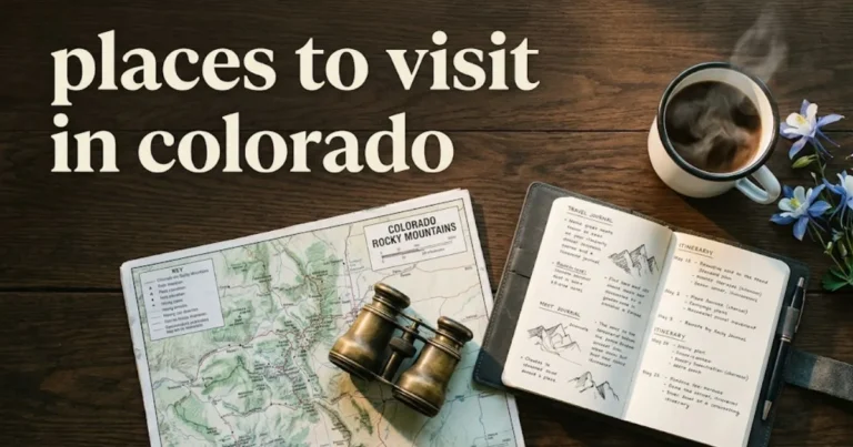 Overhead view of a Colorado travel planning concept with a map, binoculars, and the title places to visit in colorado in bold text.