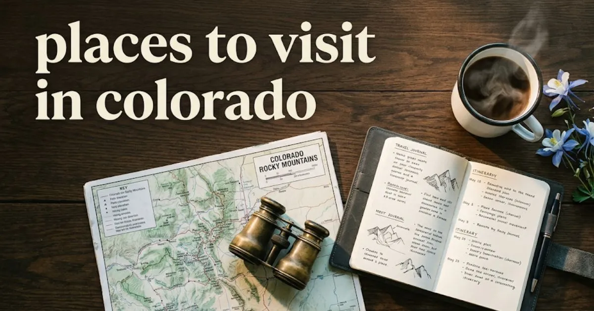 Overhead view of a Colorado travel planning concept with a map, binoculars, and the title places to visit in colorado in bold text.
