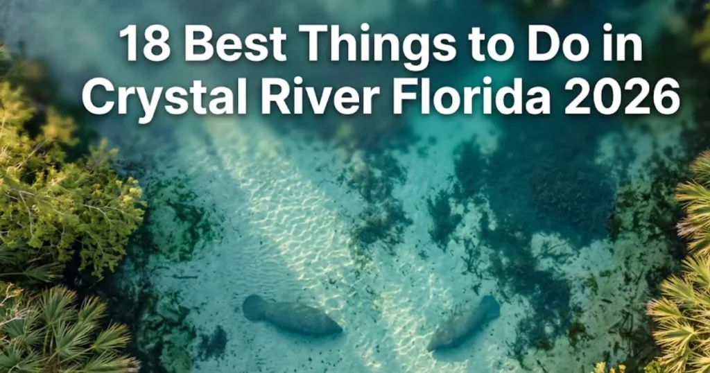 Overhead view of a clear Florida spring with manatee silhouettes visible below the surface, headline reads 18 Best Things to Do in Crystal River Florida 2026.