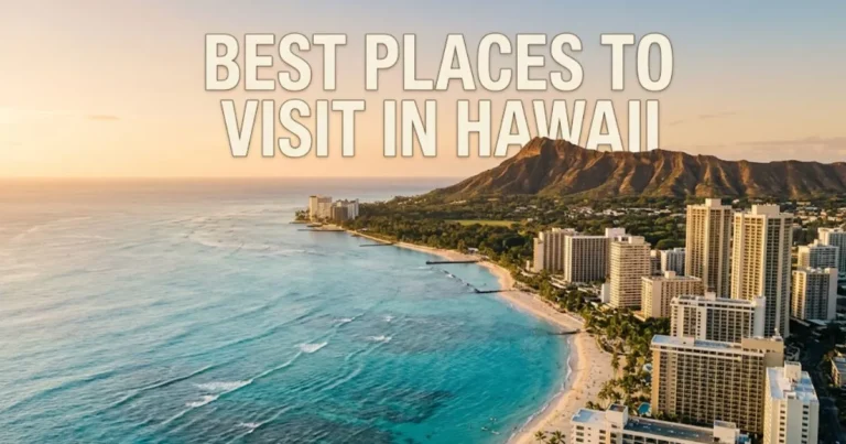 Panoramic editorial view of Waikiki Beach and Diamond Head crater at sunset with text overlay reading best places to visit in Hawaii.