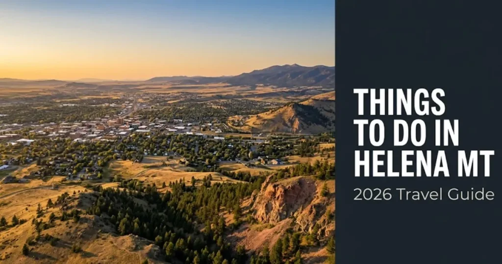 Panoramic view of Helena MT valley from Mount Helena summit at golden hour, with text Things To Do In Helena MT