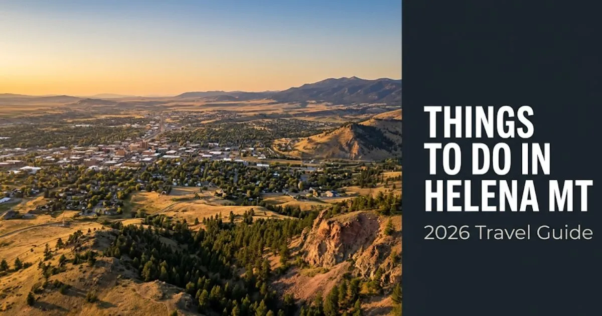 Panoramic view of Helena MT valley from Mount Helena summit at golden hour, with text Things To Do In Helena MT