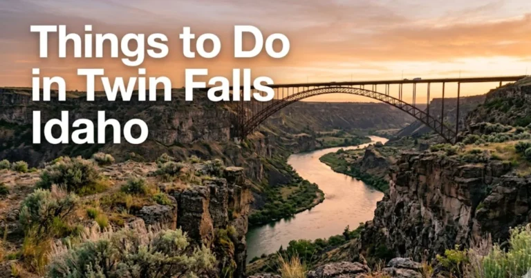 Panoramic view of Perrine Bridge spanning Snake River Canyon at sunset in Twin Falls Idaho with text listing top activities.