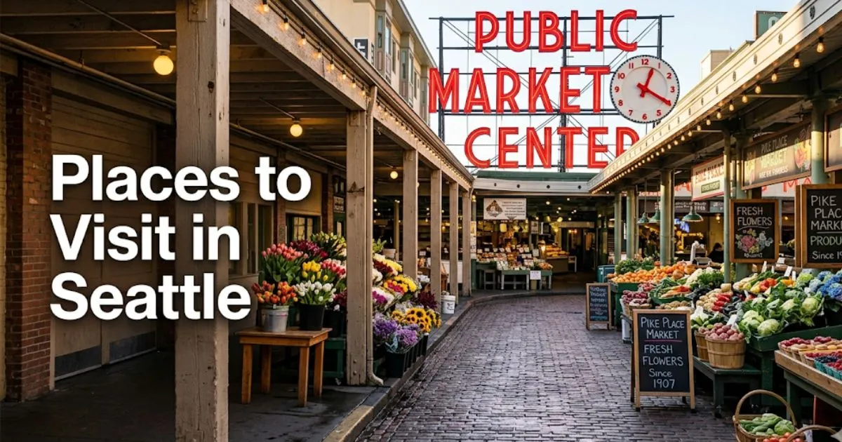 Pike Place Market main arcade with red neon sign and morning light, Places to Visit in Seattle guide hero image.