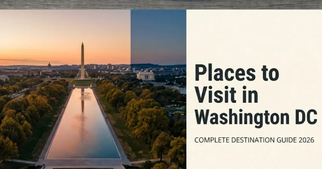 Places to Visit in Washington DC National Mall at golden hour with Washington Monument and Reflecting Pool, 2026 travel guide