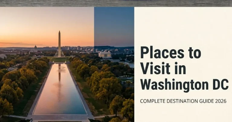 Places to Visit in Washington DC National Mall at golden hour with Washington Monument and Reflecting Pool, 2026 travel guide