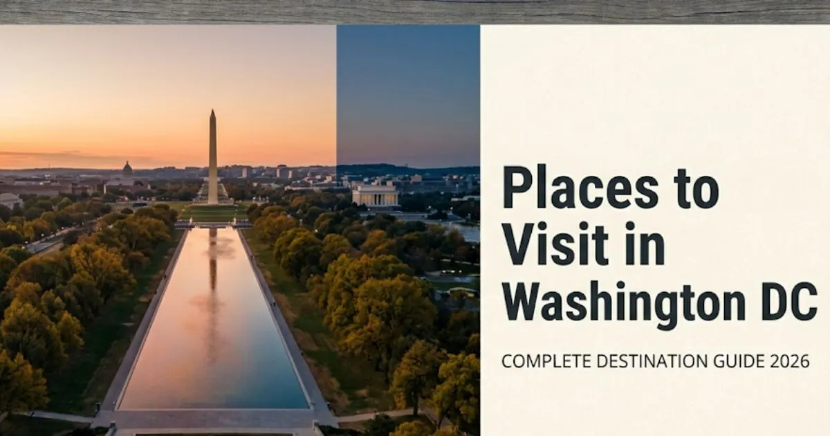Places to Visit in Washington DC National Mall at golden hour with Washington Monument and Reflecting Pool, 2026 travel guide