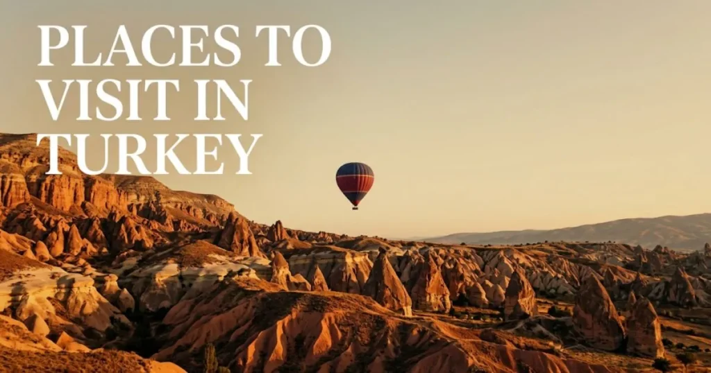Places to visit in Turkey guide featuring Cappadocia's fairy chimney landscape at golden hour with hot air balloon.