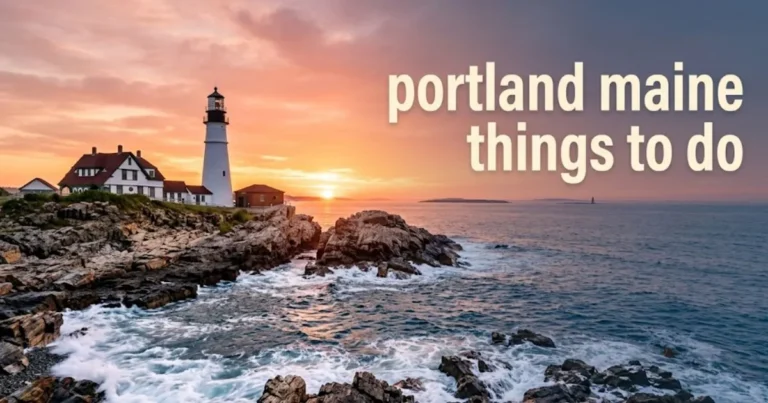 Portland Head Light at sunrise with portland maine things to do text overlay on a scenic coastal banner.