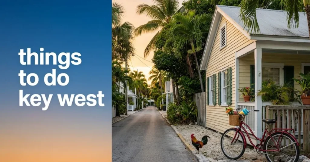 Quiet Old Town Key West street at golden hour with bicycle and rooster, highlighting things to do in the historic district.