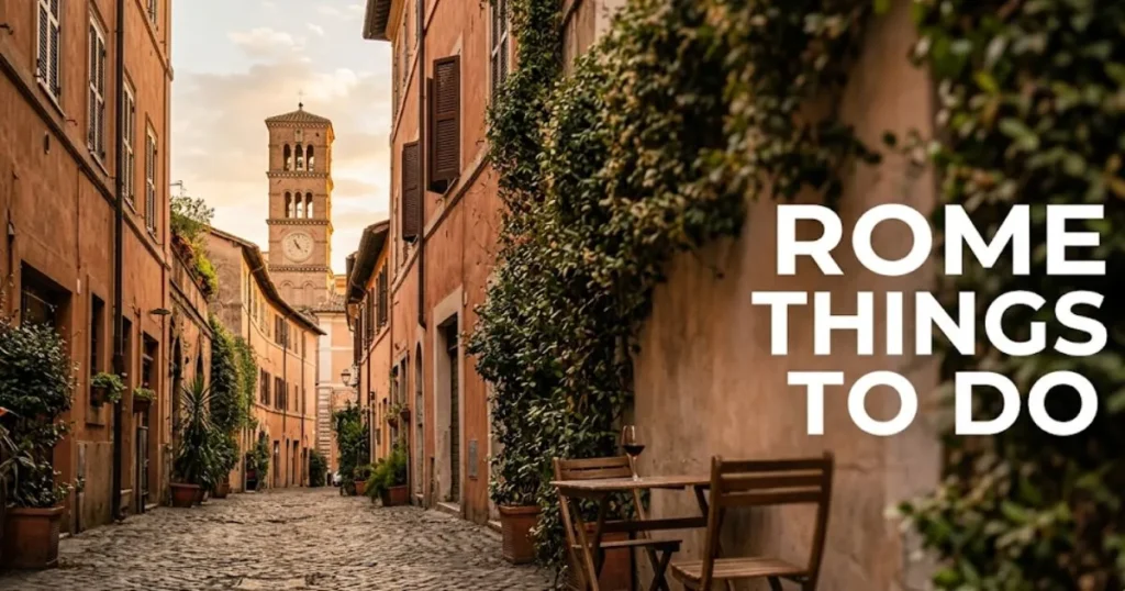 Quiet Trastevere alley at golden hour with headline Rome Things to Do overlaid, capturing the intimate local side of Rome away from crowds.