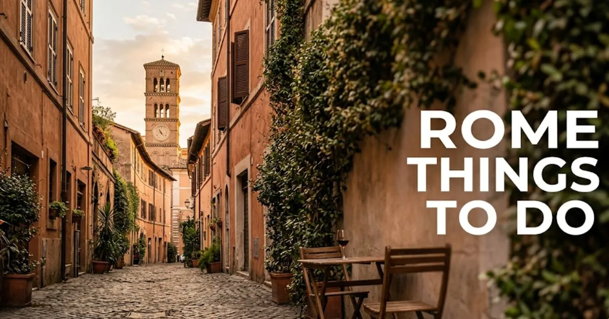 Quiet Trastevere alley at golden hour with headline Rome Things to Do overlaid, capturing the intimate local side of Rome away from crowds.
