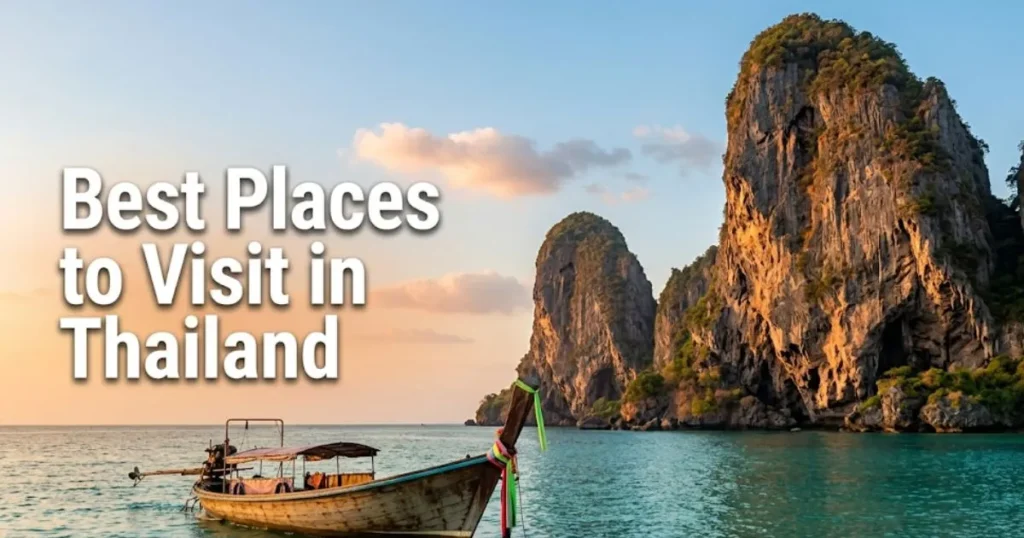 Railay Beach limestone karst formations in Krabi, Thailand, with long-tail boat in turquoise water, featuring headline text Best Places to Visit in Thailand.