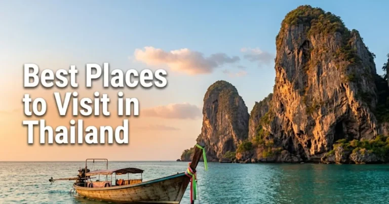 Railay Beach limestone karst formations in Krabi, Thailand, with long-tail boat in turquoise water, featuring headline text Best Places to Visit in Thailand.