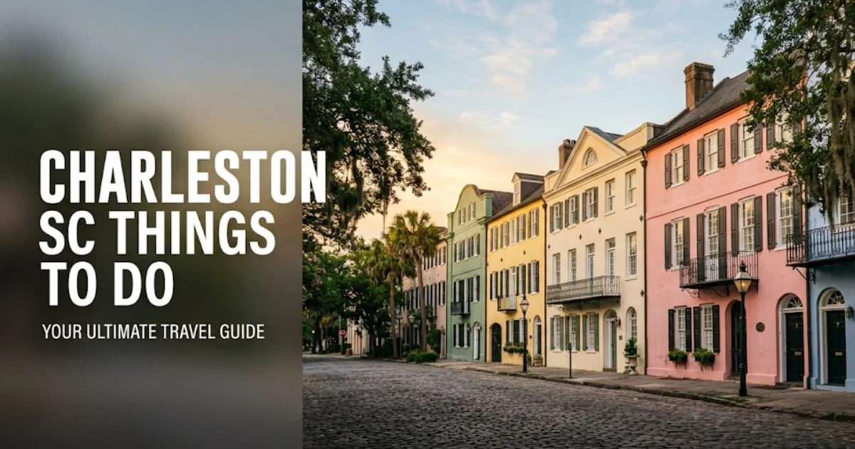 Rainbow Row pastel houses on East Bay Street in Charleston SC with headline text Charleston SC Things To Do at golden hour