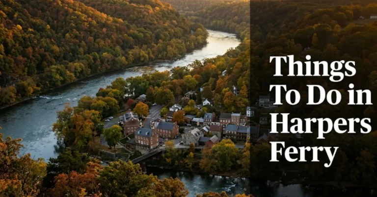 Ridge overlook view of Harpers Ferry WV at the river confluence with fall foliage, headlined Things To Do in Harpers Ferry