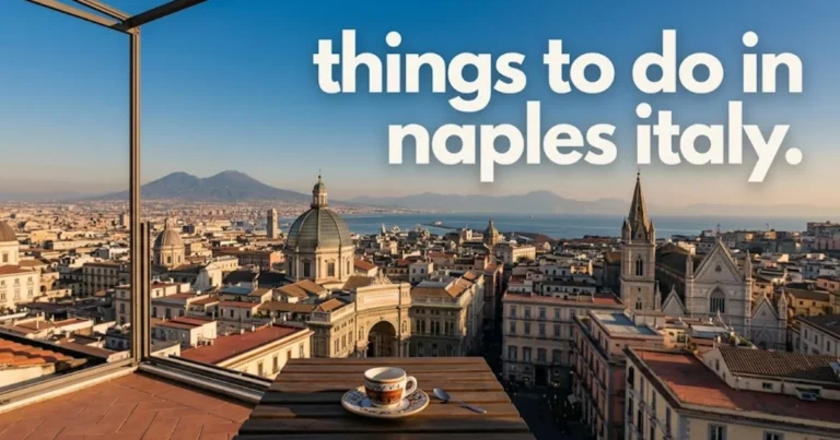 Rooftop view of Naples with Mount Vesuvius behind. Headline reads things to do in naples italy.