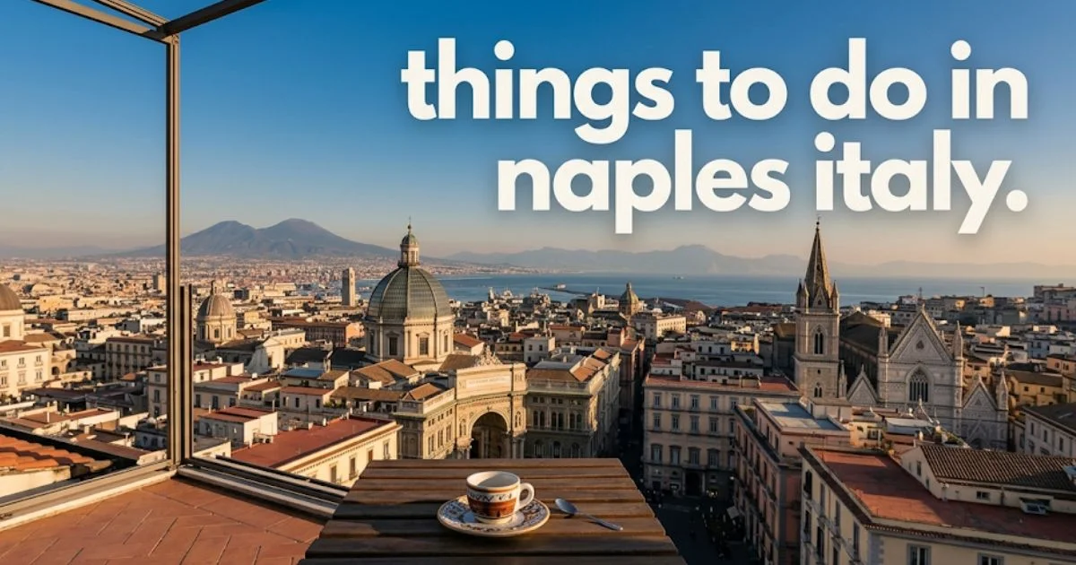 Rooftop view of Naples with Mount Vesuvius behind. Headline reads things to do in naples italy.