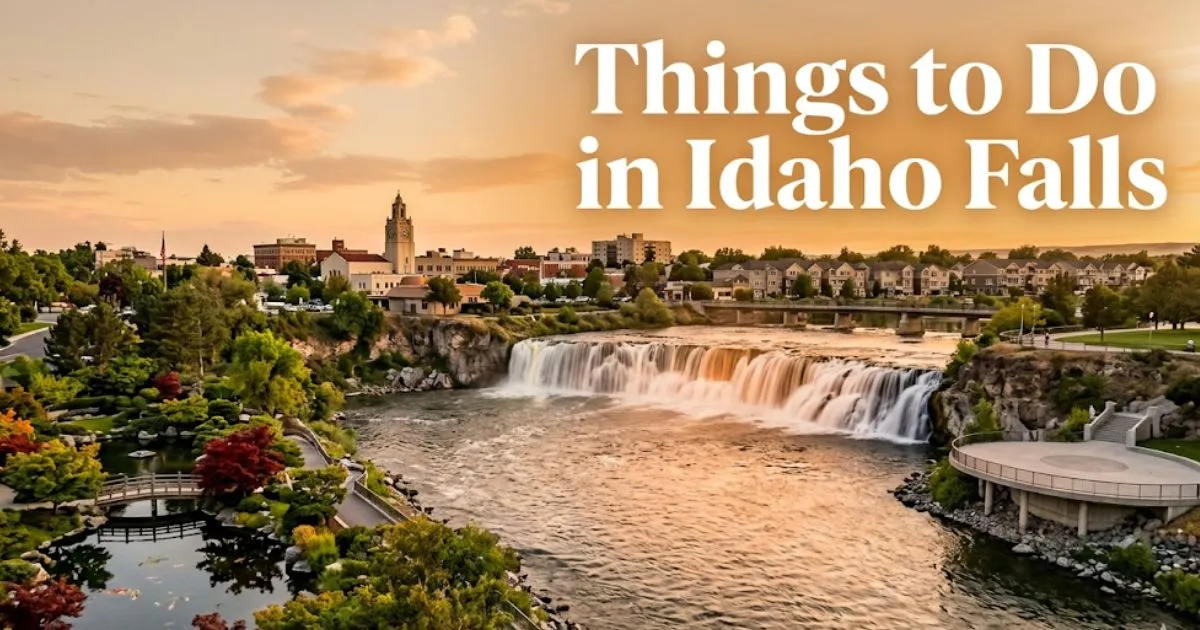 Scenic golden hour view of Idaho Falls waterfall and river walk with downtown skyline, highlighting things to do in Idaho Falls.