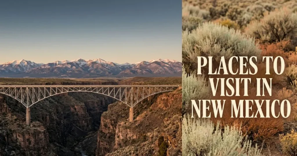 Scenic view of the Rio Grande Gorge Bridge with text Places to Visit in New Mexico over a clean desert background.