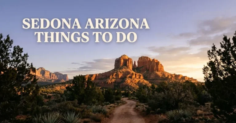 Sedona Arizona Things to Do guide banner image with Cathedral Rock red sandstone formations at sunrise.