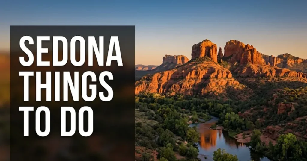 Sedona things to do guide hero image showing Cathedral Rock red rock formations at golden hour sunset, Arizona 2026.
