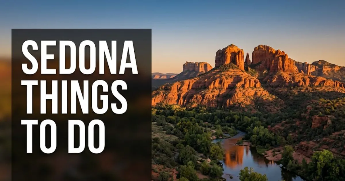Sedona things to do guide hero image showing Cathedral Rock red rock formations at golden hour sunset, Arizona 2026.