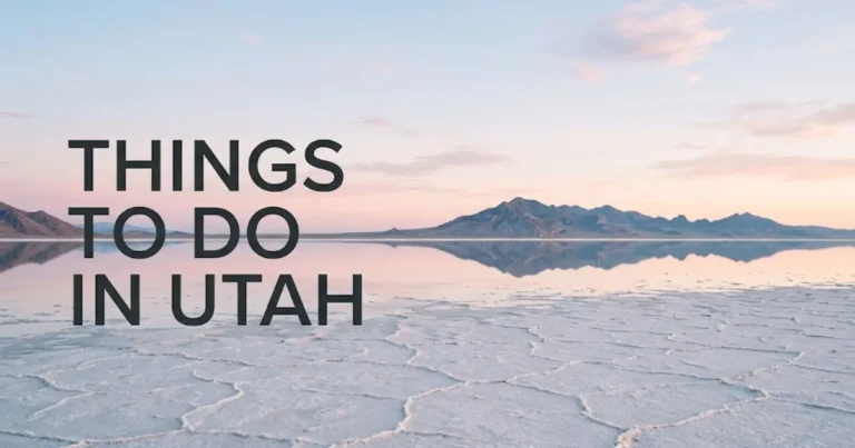 Sunrise mirror reflection on Utah's Bonneville Salt Flats with Things to Do in Utah title text overlay.
