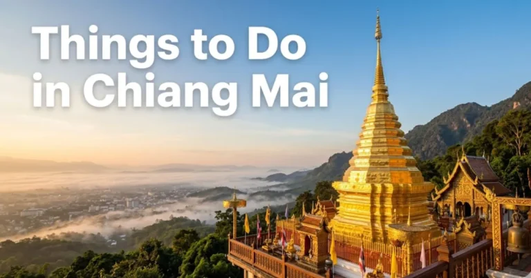 Sunrise view of Wat Phra That Doi Suthep golden chedi overlooking Chiang Mai with things to do in Chiang Mai text overlay