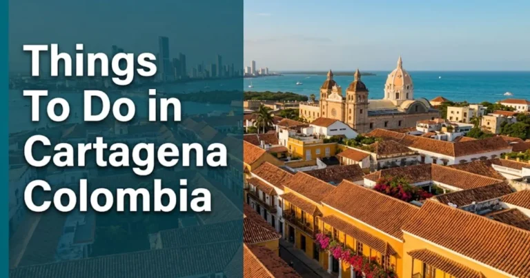 Things To Do in Cartagena Colombia guide aerial view of Walled City rooftops and Caribbean coast at golden hour