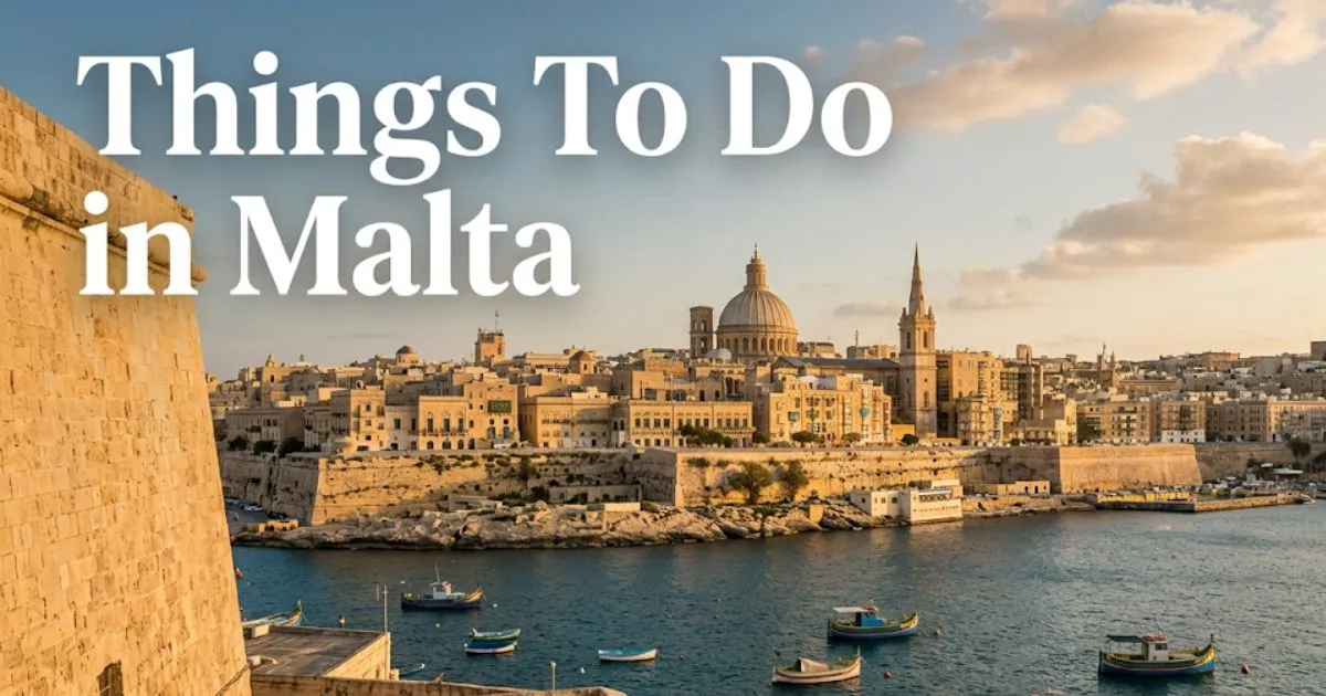 Things To Do in Malta travel guide showing Valletta's Grand Harbour fortifications at golden hour from Upper Barrakka Gardens