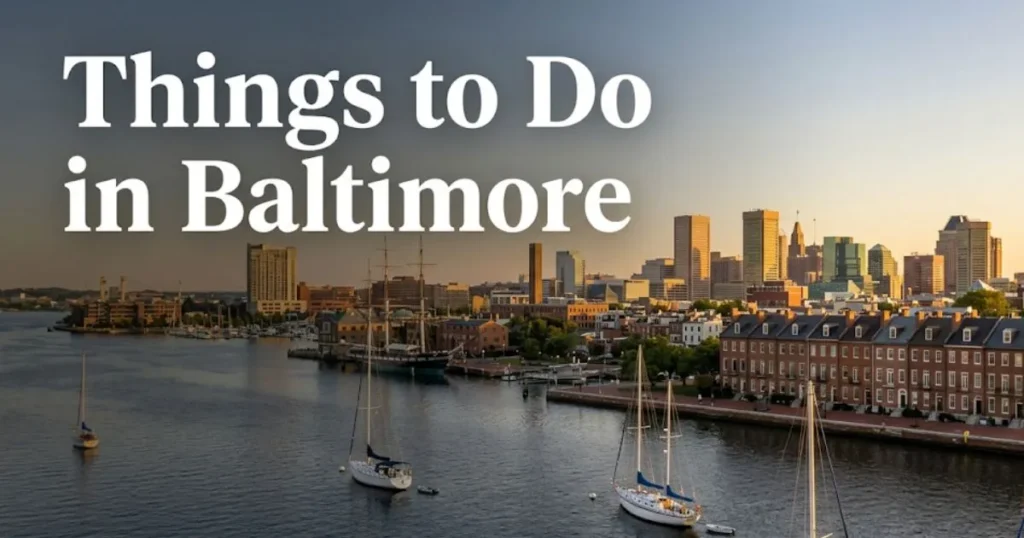 Things to Do in Baltimore guide hero image showing the Inner Harbor waterfront and Federal Hill skyline at golden hour.