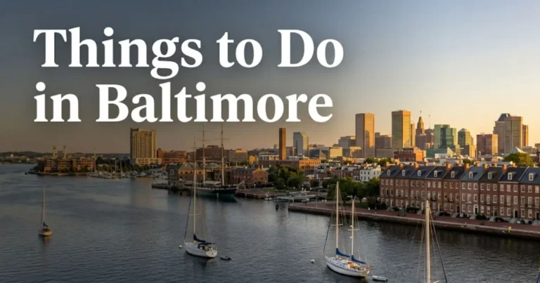 Things to Do in Baltimore guide hero image showing the Inner Harbor waterfront and Federal Hill skyline at golden hour.