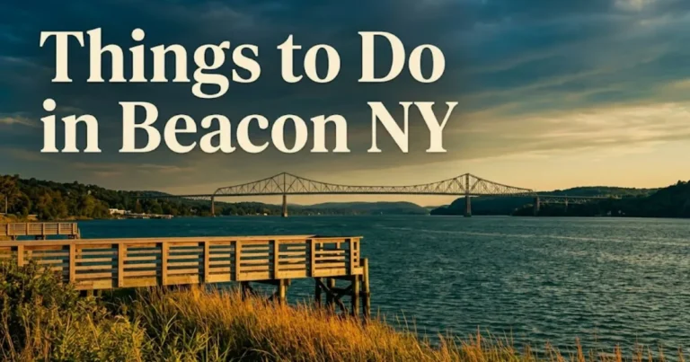 Things to Do in Beacon NY guide showing Hudson River golden-hour view from Long Dock Park with Newburgh-Beacon Bridge