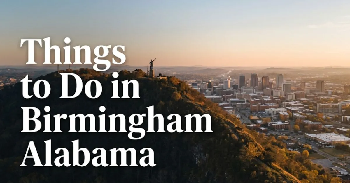Things to Do in Birmingham Alabama golden-hour view of downtown Birmingham skyline from Red Mountain ridge