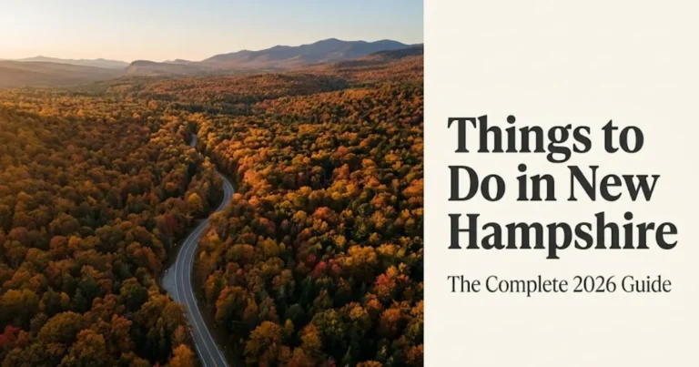 Things to Do in New Hampshire travel guide hero image showing Kancamagus Highway through peak fall foliage from above.