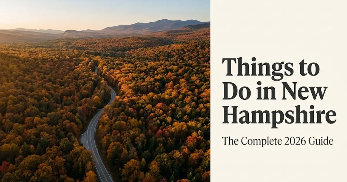 Things to Do in New Hampshire travel guide hero image showing Kancamagus Highway through peak fall foliage from above.