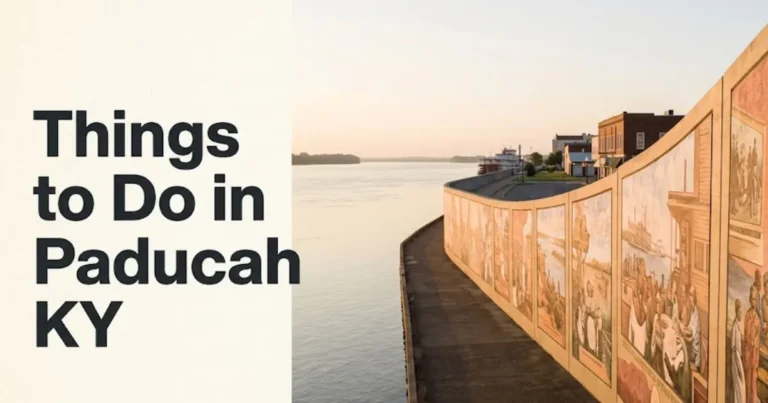 Things to Do in Paducah KY editorial hero banner showing the Ohio River floodwall murals at golden hour, Paducah Kentucky.