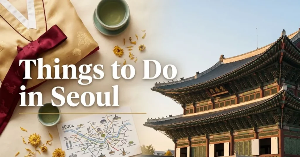 Things to Do in Seoul Gyeongbokgung Palace at golden hour with Korean cultural items flat-lay, travel guide hero banner.