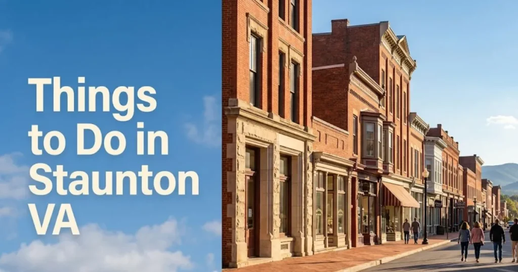 Things to Do in Staunton VA guide featuring Beverley Street's Victorian downtown and Blue Ridge Mountain backdrop, Virginia