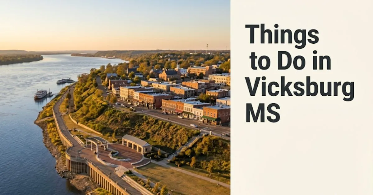 Things to Do in Vicksburg MS, with a golden-hour view of the Mississippi River from the historic Vicksburg bluff.