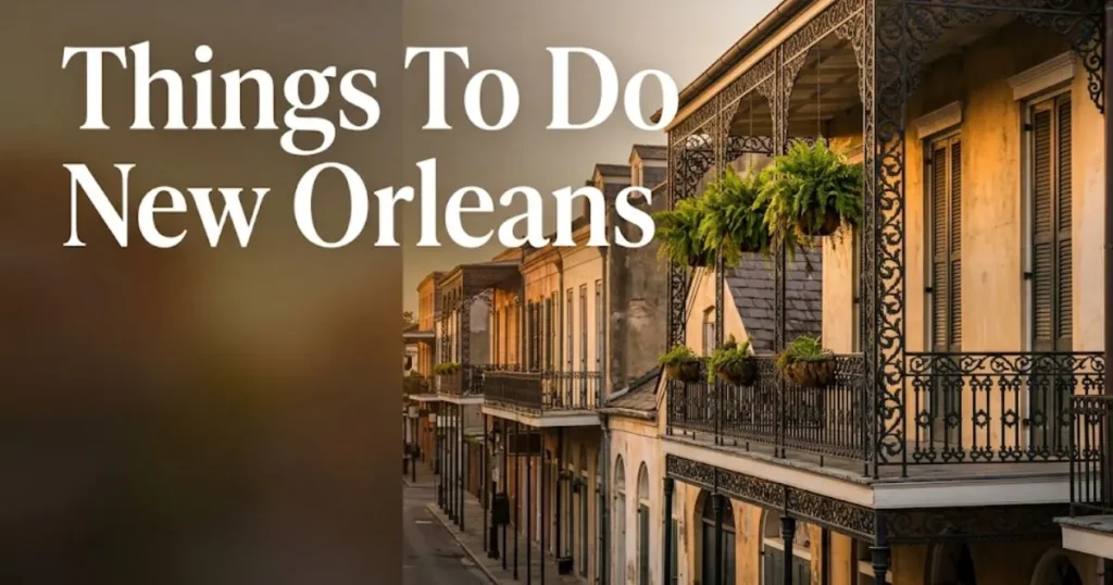 Things to do New Orleans 2026 guide featuring golden-hour French Quarter ironwork balcony architecture.