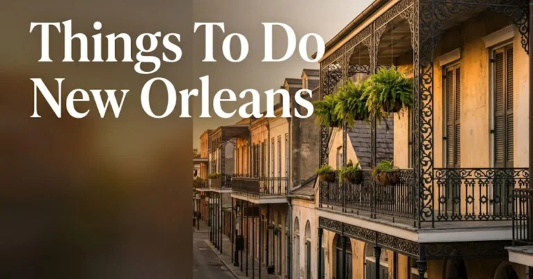 Things to do New Orleans 2026 guide featuring golden-hour French Quarter ironwork balcony architecture.