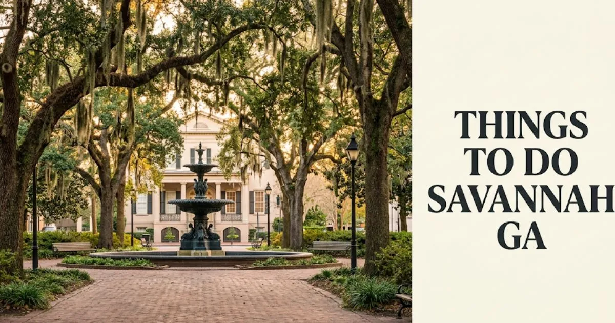Things to do Savannah GA guide showing historic city square with moss-draped live oaks and fountain at golden hour.