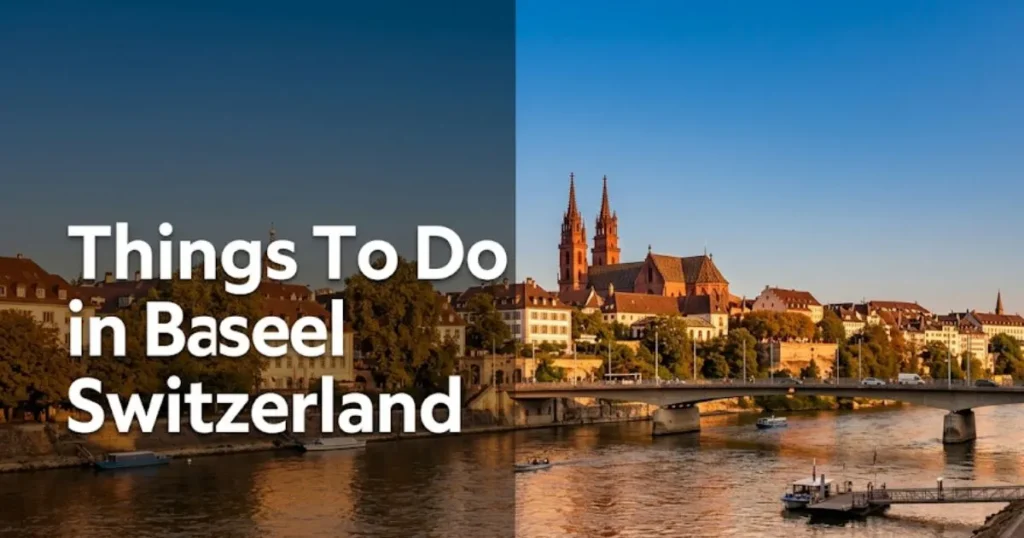 Things to do in Basel Switzerland hero banner showing Rhine River and Basel Münster cathedral at golden hour from Wettsteinbrücke