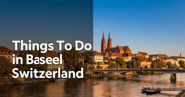 Things to do in Basel Switzerland hero banner showing Rhine River and Basel Münster cathedral at golden hour from Wettsteinbrücke