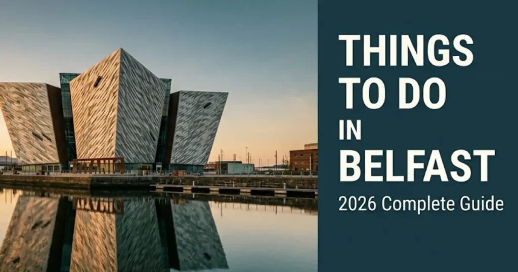 Things to do in Belfast 2026 travel guide showing the Titanic Belfast museum and Hamilton Dock at golden hour.